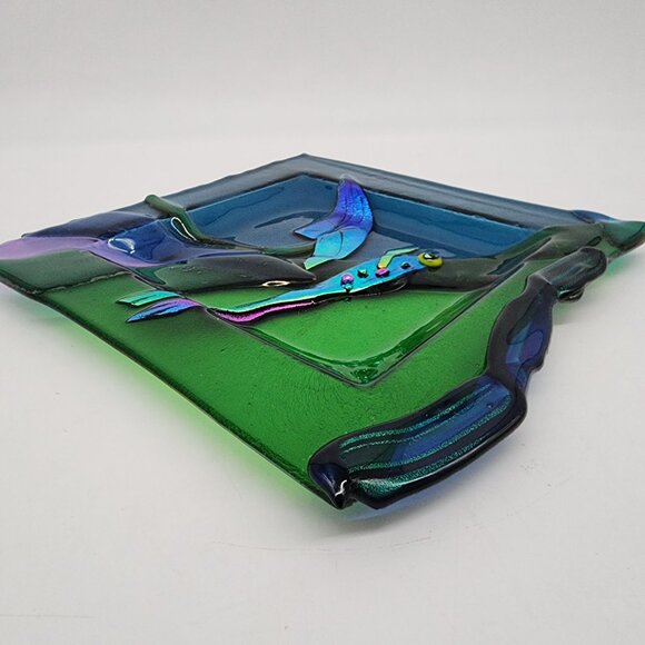 Handmade Fused Glass Plate Iridescent Colorful Frog Leaf Design Christine Moody - Picture 11 of 12
